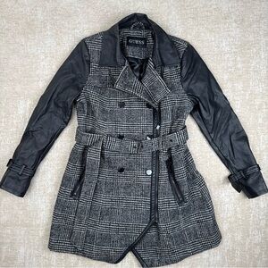 GUESS Women's Belted plaid wool and faux leather coat